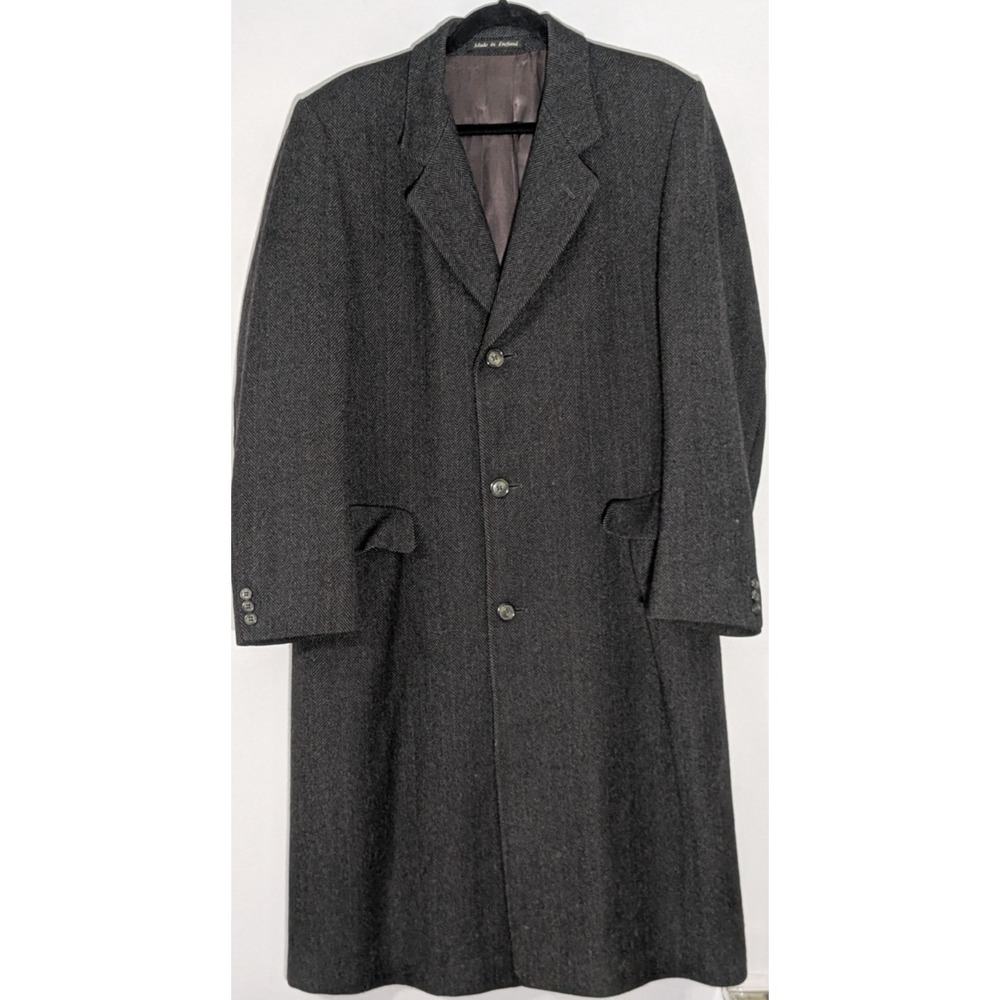 Vintage Hammersley Charcoal Herringbone Wool Tweed Overcoat Made England 42R